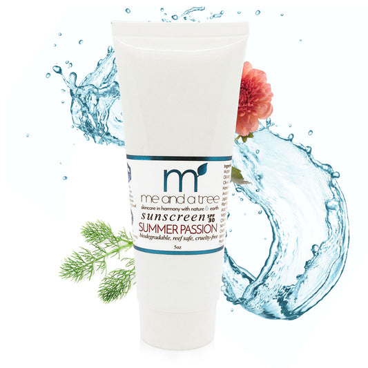 Natural Reef Safe Plant-based Sunscreen with Broad-Spectrum UVA/UVB Protection, enriched with nourishing oils like jojoba, borage, and olive fruit. Eco-friendly and free from harsh chemicals like avobenzone, oxybenzone, ecamsule, and octocrylene