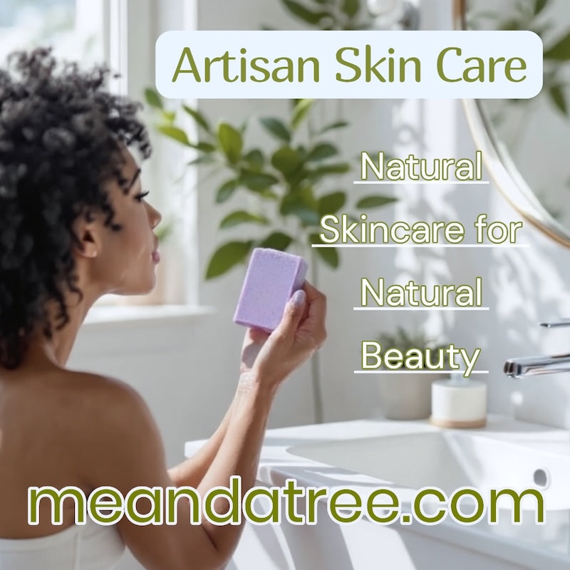 Woman using artisan Lavender soap bar in bathroom-natural skincare for sensitive, radiant skin