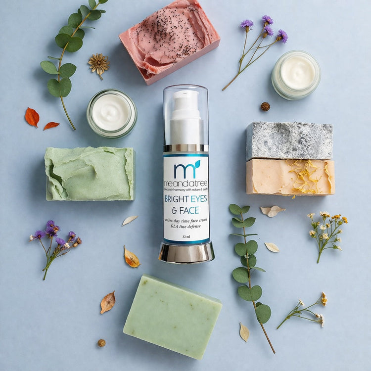 FAce care and soaps as gifts surrounded by botanicals and face creams