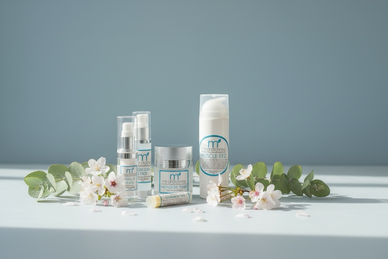 Spring face and body care sets on table surrounded with cherry blossoms and eucalyptus sprigs