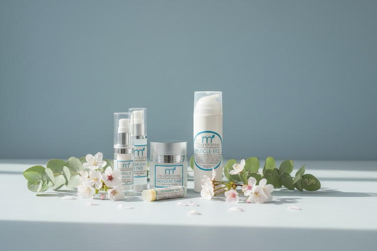 Spring face and body care sets on table surrounded with cherry blossoms and eucalyptus sprigs
