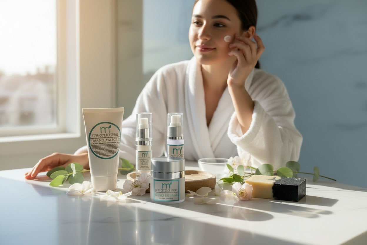 Woman at white table with face care and face soaps in soft morning light