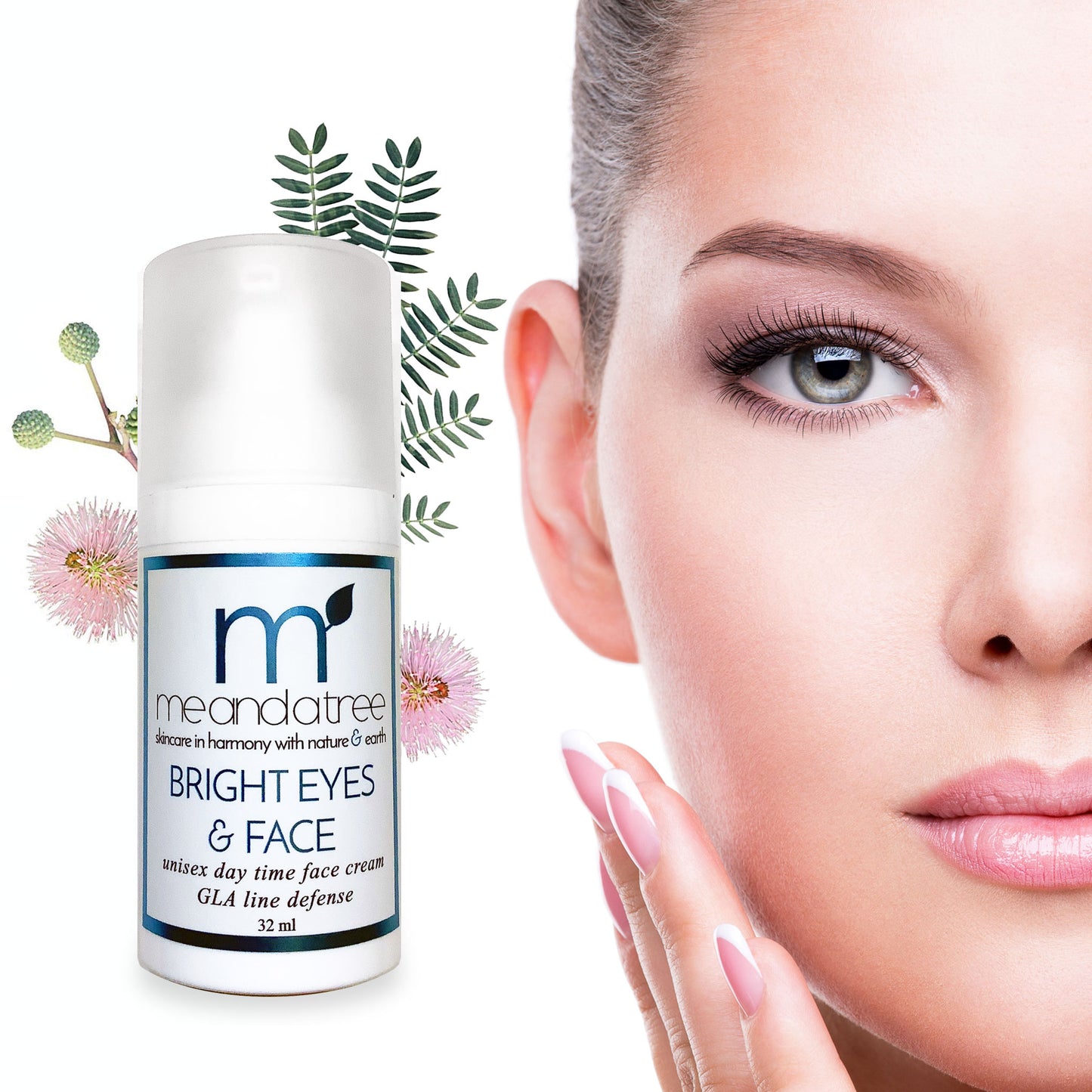 Beautiful woman using Bright Eyes & Face Unisex Day Cream with Zinc for sensitive skin and normal skin types