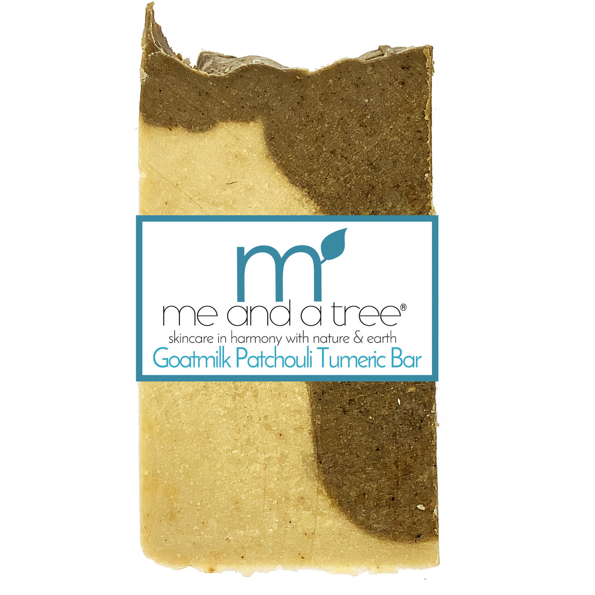 Goatmilk Patchouli Turmeric Bar soap with 'me and a tree' label on a white background