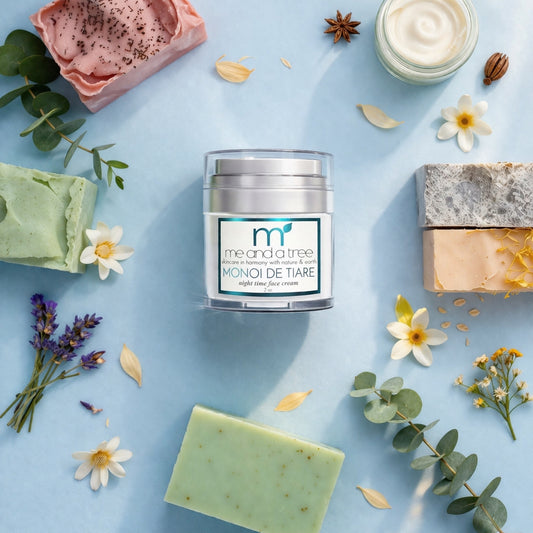 Monoi de Tiare Night Cream in Airless Pump Botanical Flat Lay