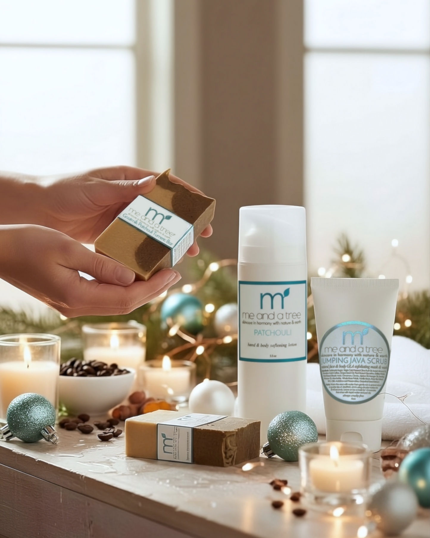 Winter's Best Patchouli Ritual Set wit goat milk soap, patchouli lotion, and jumping java scrub- natural holiday skincare gift display