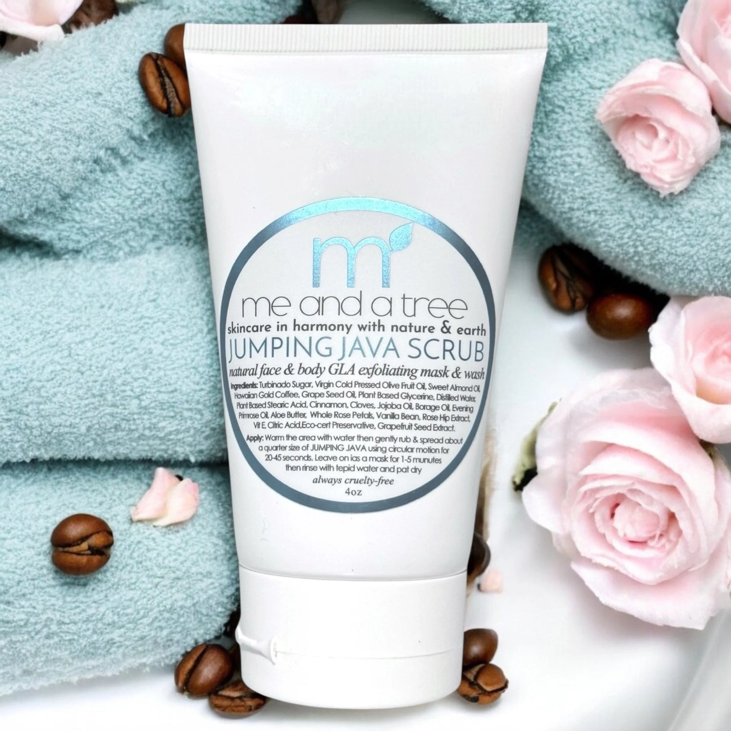 Exfoliating coffee scrub for face and body with GLA-rich oils – Jumping Java by Me and a Tree, plant-based skincare