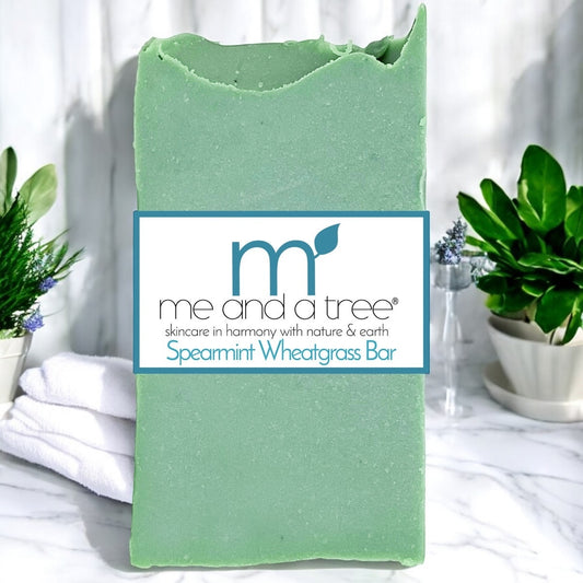 Natural vegan spearmint wheatgrass soap bar for sensitive skin – cooling minty cleanser for face and body by Me and a Tree