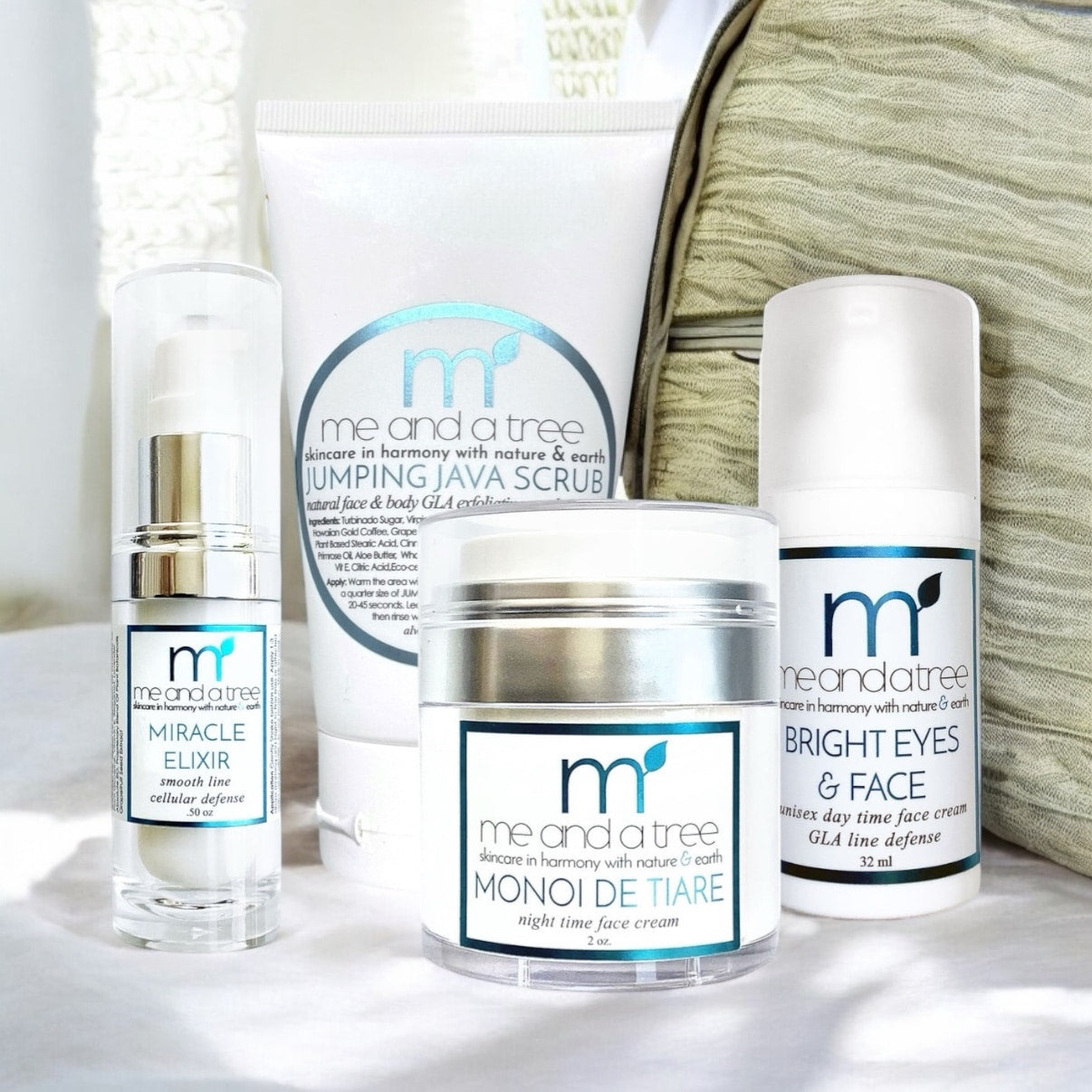 Organic travel and spa face care kit for sensitive skin – 4-piece Me and a Tree set with cream, serum, and exfoliating scrub