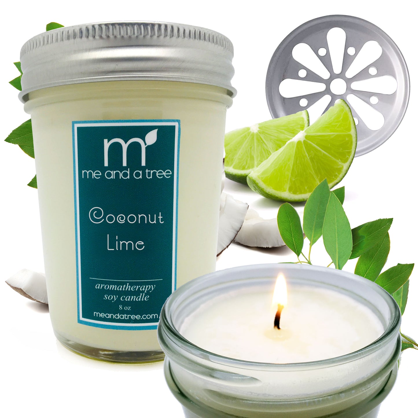 Best Coconut Lime Soy Candle with Flower-Punched Lid - Natural Soy Wax, Zesty Lime, Creamy Coconut, Vanilla Bean, Aromatherapy, Massage Candle, Home Decor