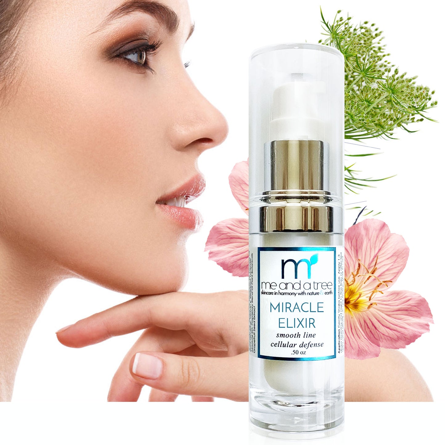 Image of a beautiful woman with flawless skin using Miracle Elixir natural face skin care serum with tamanu and carrot seed oil. The serum is formulated with pure botanical extracts, rich in vitamins and minerals, and is designed to reduce fine lines, wrinkles, dark spots, and skin irritation. Apply twice daily for best results and achieve smooth, youthful-looking skin like the woman in the image
