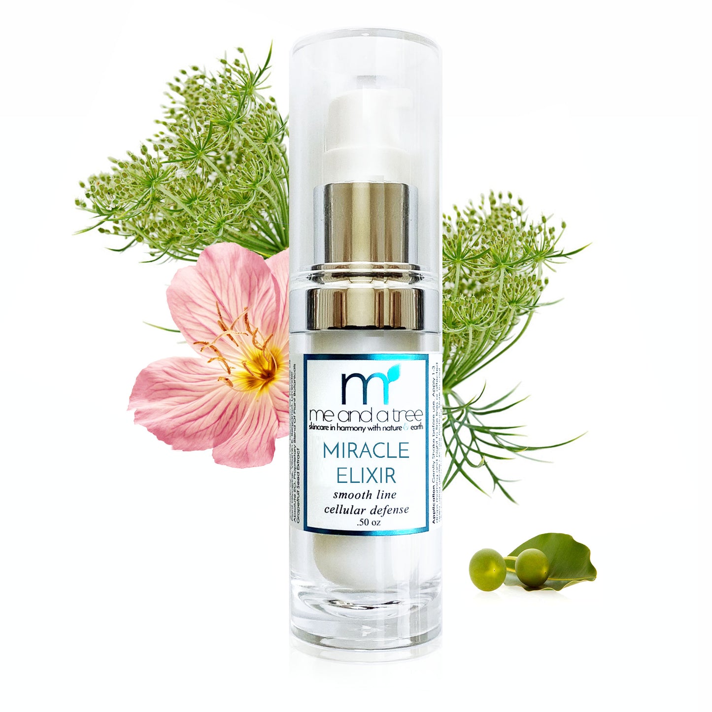 Image of Miracle Elixir natural face skin care serum with tamanu and carrot seed oil, formulated with pure botanical extracts, rich in vitamins and minerals. Apply twice daily for best results in reducing fine lines, wrinkles, dark spots, and skin irritation