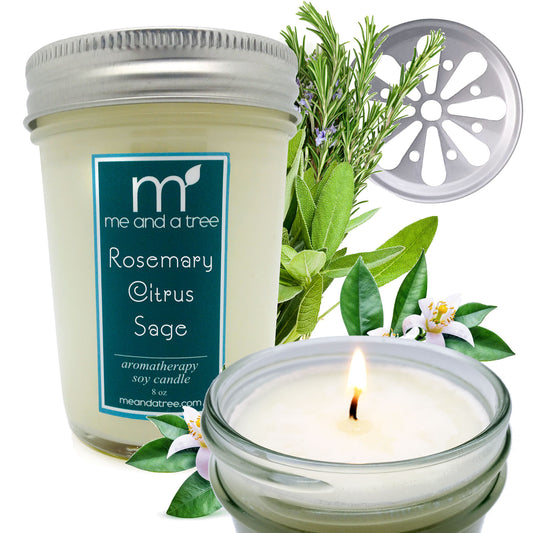 Best Rosemary Citrus Sage Aromatherapy Soy Candle - Daisy Night Time Glow Lid - Calm & Earthy - Glowing Spa in a Jar - Relaxation & Meditation - Reading Novel or Poems - Massage