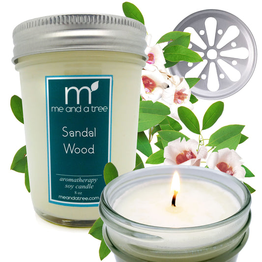 Best Sandalwood Soy Candle with a daisy stamped night time lid, from natural soy wax, long-lasting burn time sweet, exotic relaxing spa-like ambiance, home décor