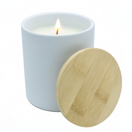 White Mandarin Lemon Blossom Signature Essential Oil Soy Candle in Modern Ceramic White Tumbler with Bamboo Lid